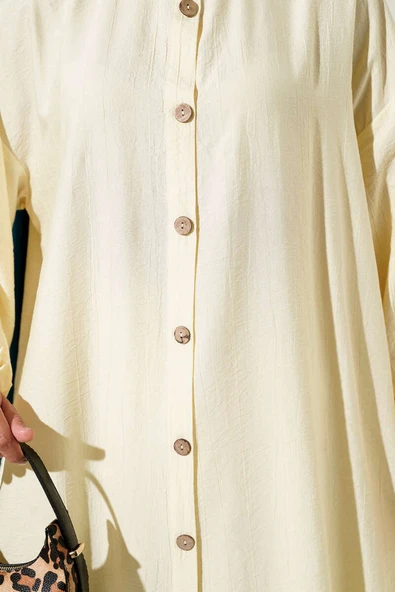 Tahta Düğmeli Uzun Tunik Sarı - Resim 4