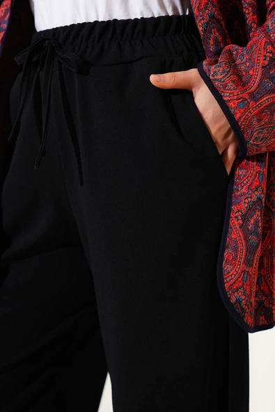 Bel Lastikli Bol Paça Pantolon Siyah - Resim 4