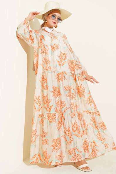 Çiçek Detaylı Yarım Düğmeli Elbise Oranj ürün görseli 1