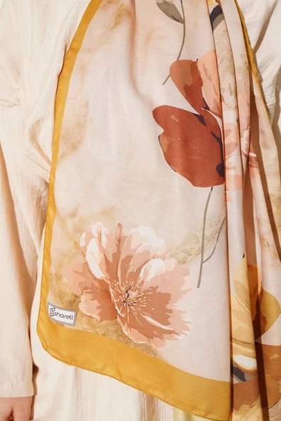 Retro Çiçek Desenli Şal Sarı - Resim 4