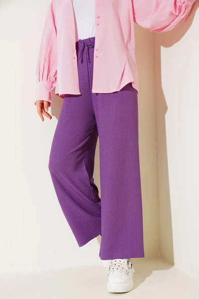 Bel İp Detaylı Bürümcük Pantolon Lila - Resim 2