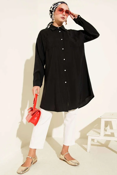 Taş Düğmeli Uzun Tunik Siyah - Resim 2