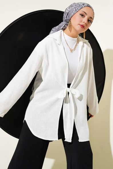 Önü Bağlama Detaylı Keten Kimono Beyaz ürün görseli 1