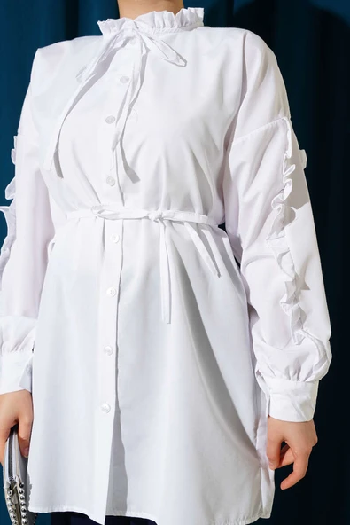 Kol Fırfırlı İp Kuşaklı Gömlek Beyaz - Resim 4