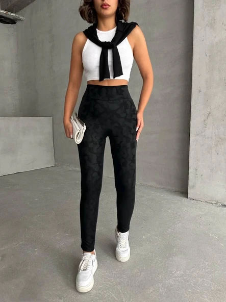 Gizli yan fermuarlı bulut desenli tayt siyah h248638 - 5