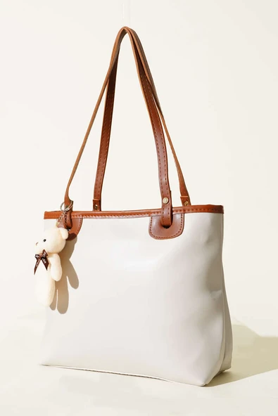 İnce Kulplu Ayıcık Aksesuarlı Çanta Gri ürün görseli 1