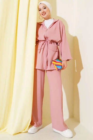 Bel Tünelli Fermuarlı Cep Kapaklı İkili Takım Pembe ürün görseli 1