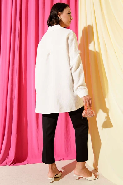 Oversize Tensel Gömlek Ekru - Resim 3