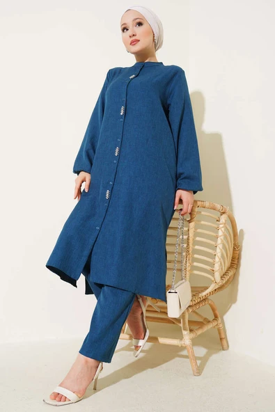 Önü Taş Detaylı Uzun Tunik İkili Takım Petrol - Resim 2