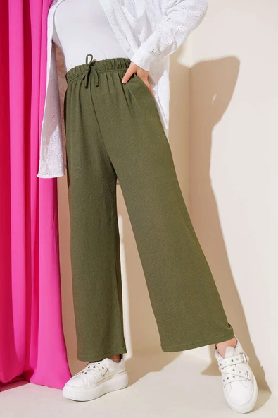 Bel İp Detaylı Bürümcük Pantolon Haki - Resim 2