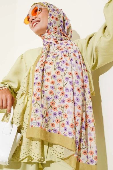 Papatya Desen Bambu Kraş Şal Yağ Yeşili ürün görseli 1