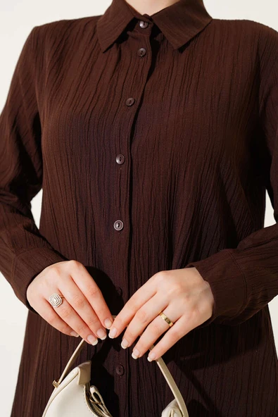 Düğmeli Ağaç Kabuğu İkili Takım Kahve - Resim 4