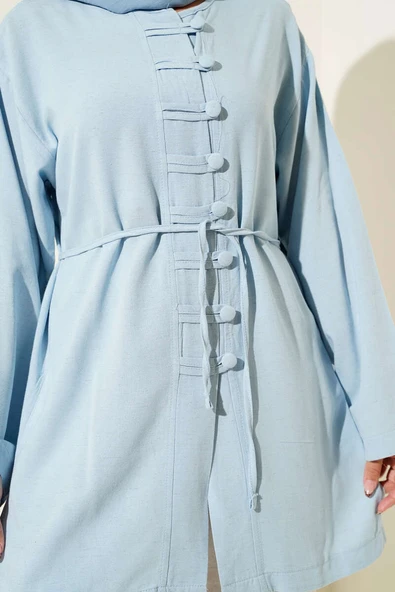 Önü Düğme Detaylı Keten Tunik Mavi - Resim 4