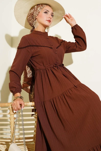 Bel Tünelli Düğmeli Ağaç Kabuğu Elbise Kahve ürün görseli 1