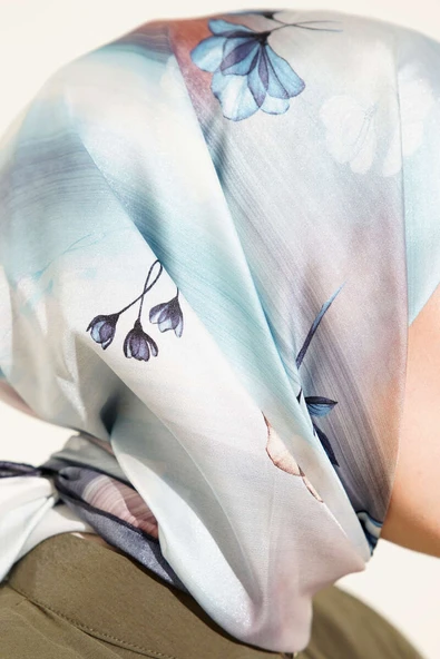 Çiçek Desen Twill Eşarp Lacivert - Resim 4