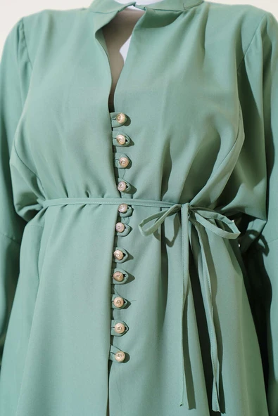 Taşlı Brit Düğmeli Terikoton Gömlek Tunik Mint - Resim 4