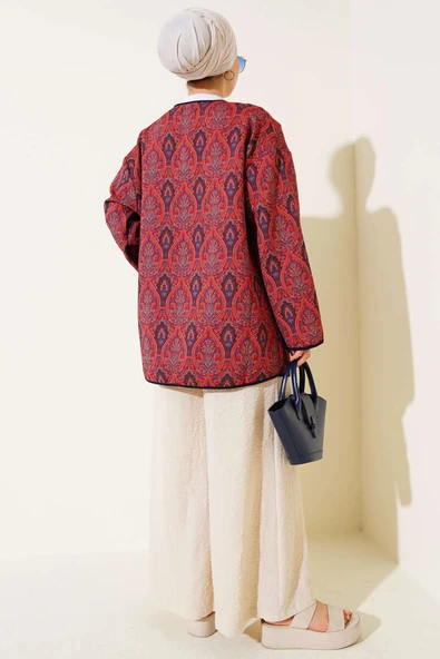 Kilim Desenli Çift Cepli Ceket Bordo - Resim 3