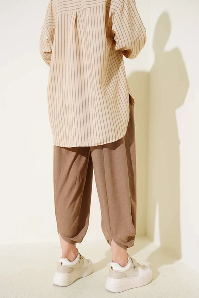 Beli İp Bağcıklı Şalvar Pantolon Vizon - Resim 3