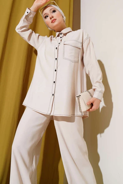 Gömlek Yaka Tek Cepli İkili Takım Bej - Resim 2