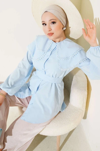 Bebe Yaka Dantelli Gömlek Bebe Mavi ürün görseli 1