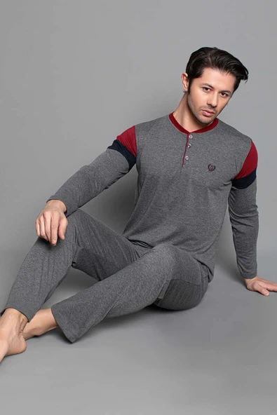 Kol Şeritli Uzun Kol Erkek Pijama Takımı Füme Bordo ürün görseli 1