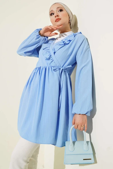 Yaka Fırfırlı Kabartma Çizgili Kimono Mavi ürün görseli 1