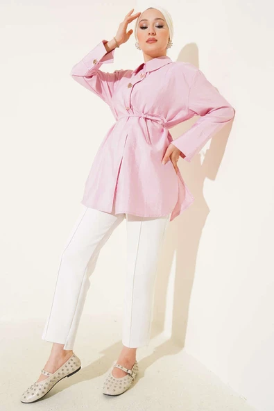 Metal Fiyonk Düğmeli Gömlek Pembe - Resim 2