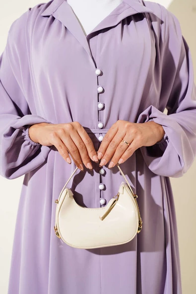 Brit Düğmeli İp Bağcıklı Elbise Lila - Resim 4