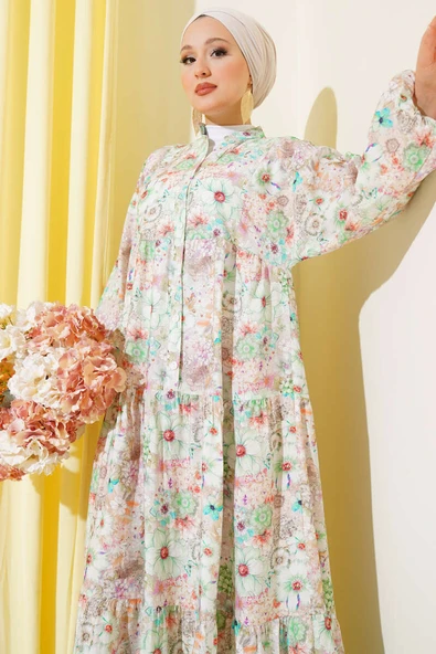 Çiçek Desenli Kloş Elbise Yeşil - Resim 2