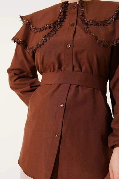 Bebe Yaka Dantelli Gömlek Kahve - Resim 4