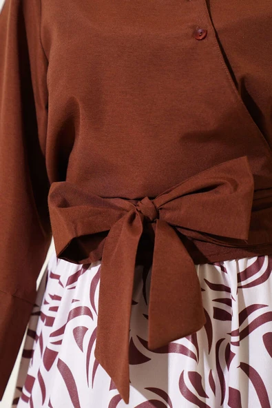 Yandan Bağlamalı Etekli İkili Takım Kahve - Resim 4