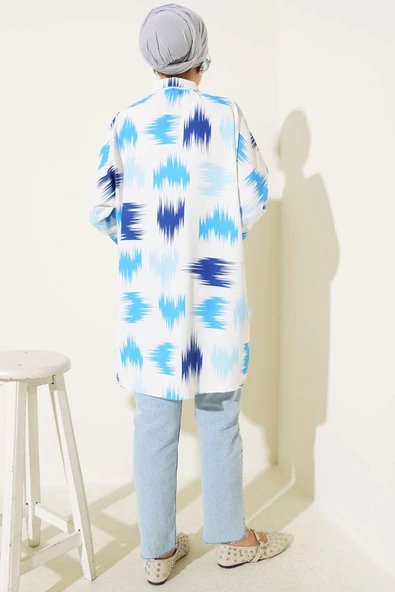 Fırça Desenli Bilek Manşetli Gömlek Mavi - Resim 3