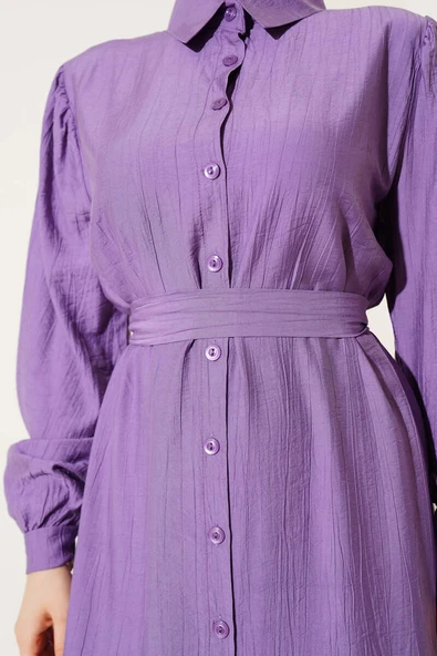 Boydan Düğmeli Volanlı Elbise Lila - Resim 4