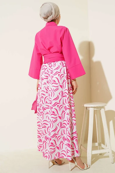 Yandan Bağlamalı Etekli İkili Takım Fuşya - Resim 3