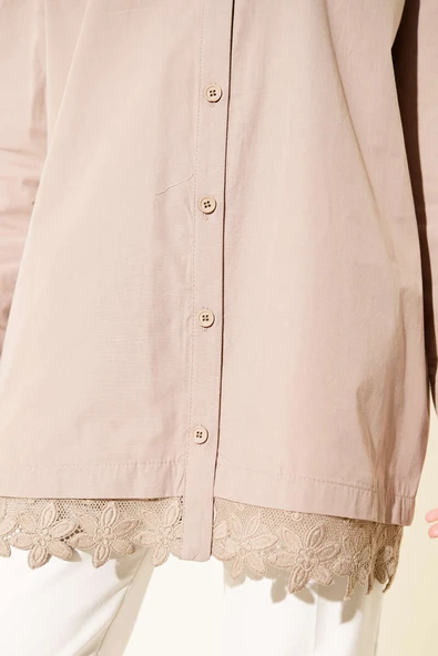 Yakası Taşlı Dantelli Gömlek Vizon - Resim 4