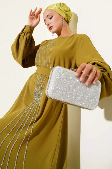 Taş Şerit Geçişli Kuşaklı Abiye Elbise Yağ Yeşili ürün görseli 1