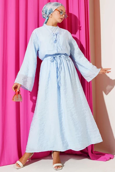 Yaka İp Bağlamalı Etekli Üçlü Takım Mavi ürün görseli 1