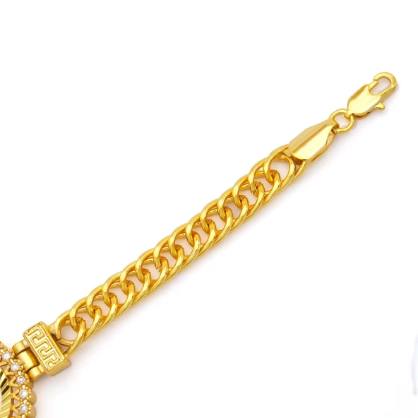 Altın Kaplama İmitasyon Zirkon Taşlı İşlemeli Zincir Çeyrek Çerçeve Bileklik BLK-1170 - Resim 5