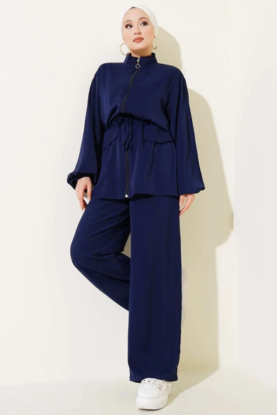 Bel Tünelli Fermuarlı Cep Kapaklı İkili Takım Lacivert ürün görseli 1