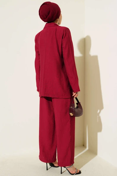 Omuz Vatkalı Ceketli Yelekli Üçlü Takım Bordo - Resim 3