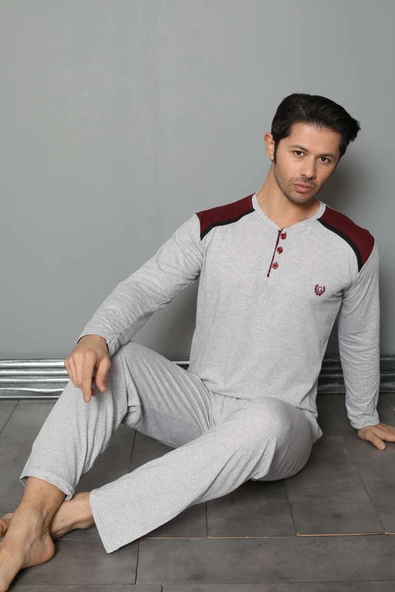 Omuz Düğmeli Uzun Kol Erkek Pijama Takım Gri - Resim 2