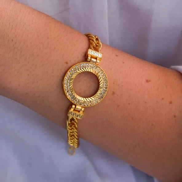 Altın Kaplama İmitasyon 2 Sıra Zirkon Taşlı Zincirli Çeyrek Çerçeve Bileklik BLK-1163 - Resim 2