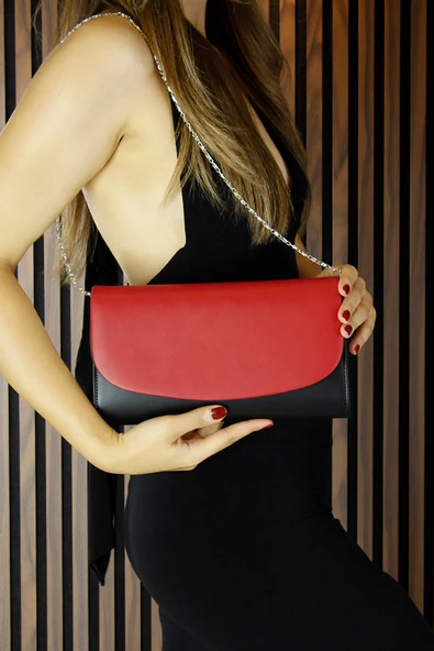 Erkan Saçmacı Siyah Kırmızı Vegan Zincir Askılı Manyetik Kapaklı Zarif Abiye El Çantası - 4