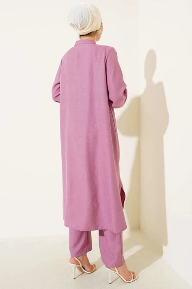 Önü Taş Detaylı Uzun Tunik İkili Takım Gül Kurusu - Resim 3