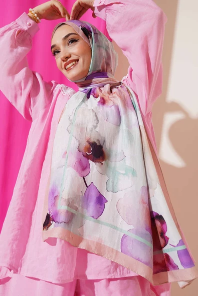 Çiçek Desenli Bambu Şal Bej Yeşil ürün görseli 1