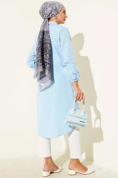 Gömlek Yaka Tek Cepli Uzun Gömlek Bebe Mavi - Resim 3