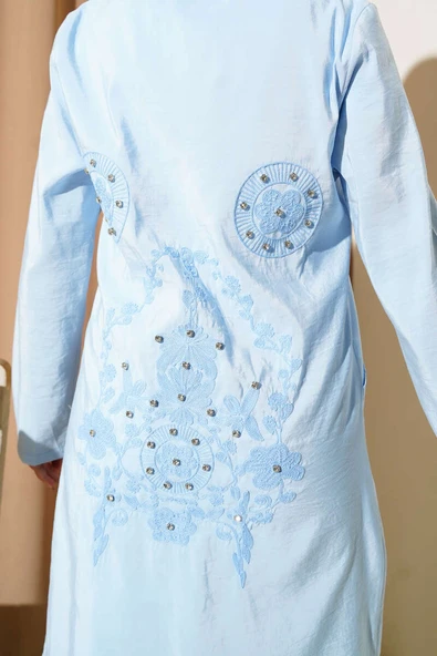 Taşlı Nakış Detaylı Kapüşonlu Kap Bebe Mavi - Resim 4