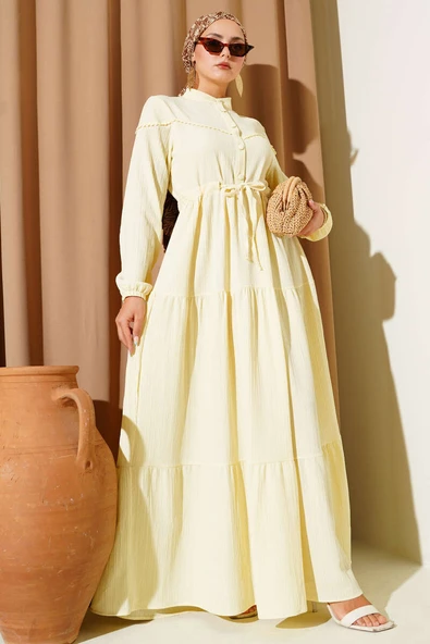 Bel Tünelli Düğmeli Ağaç Kabuğu Elbise Sarı ürün görseli 1