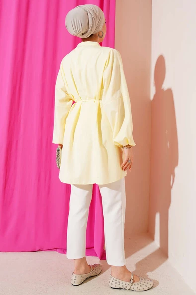 Taşlı Brit Düğmeli Terikoton Gömlek Sarı - Resim 3