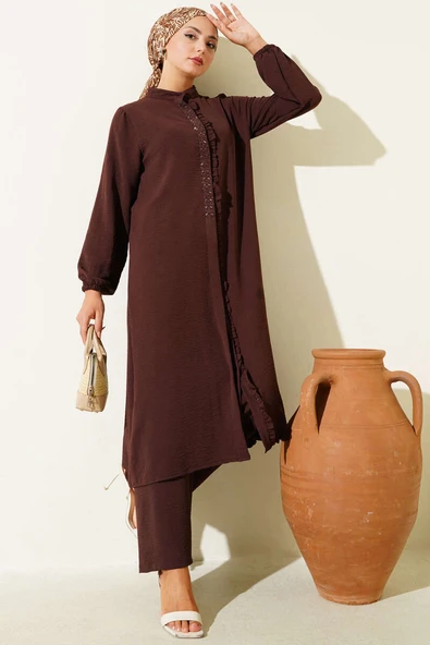 Önü Fırfırlı Taş Detaylı İkili Takım Kahve ürün görseli 1